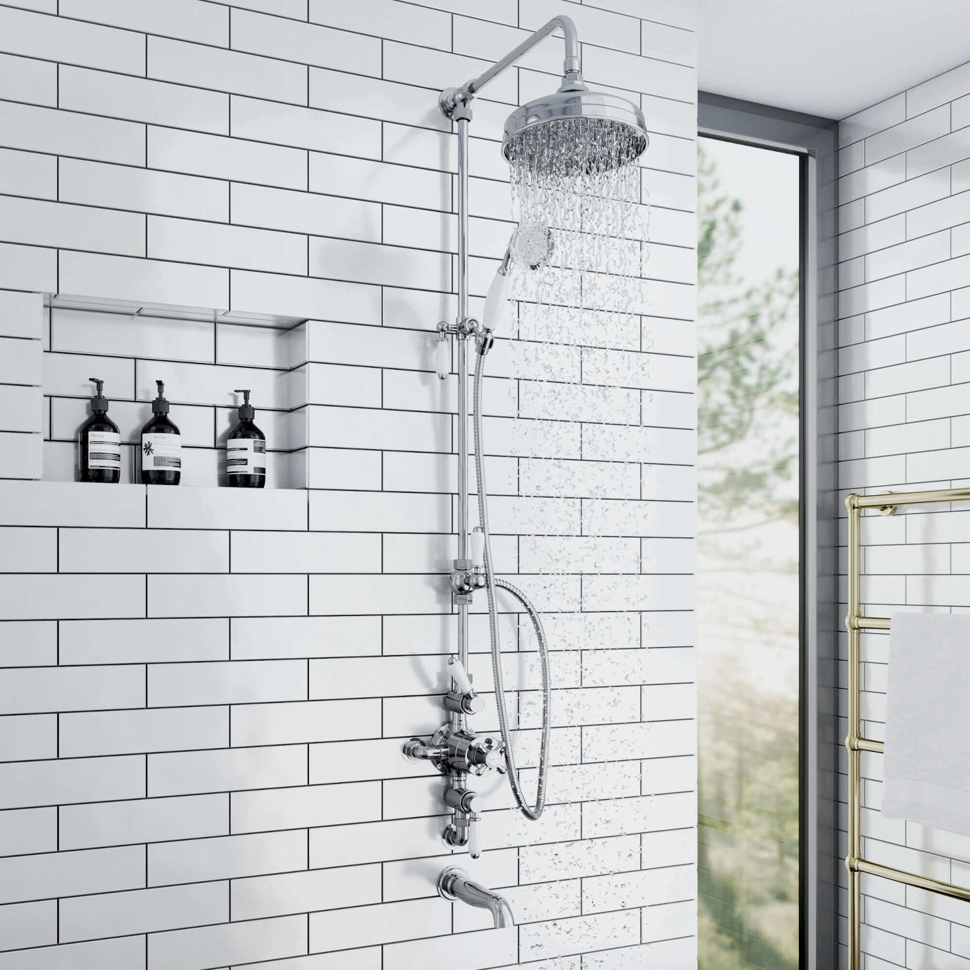 Buy Downton Exposed Traditional Thermostatic Shower Set 3 Outlet, Incl. Triple Shower Valve, Rigid Riser Rail, 200mm Shower Head, Handset & Bath Filler - Chrome Online UK | HOUSE OF ENKI